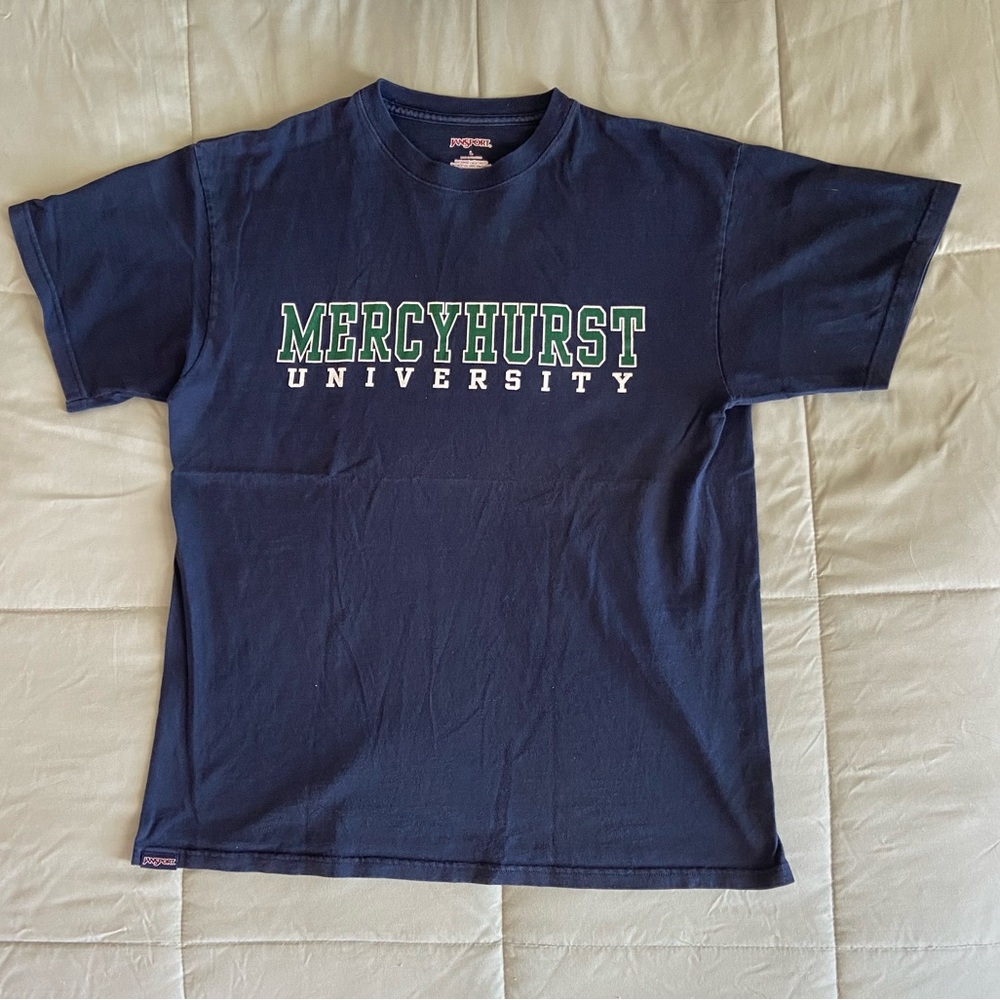 Jansport Navy T-Shirt featuring Mercyhurst University Decal, Men’s size L